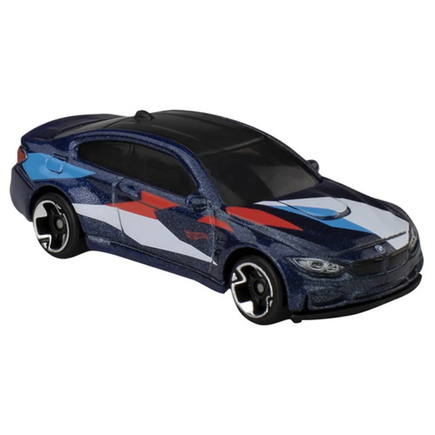 Hot Wheels 1:64 BMW M4 from the Celebrations Silver Series in metallic blue with M-stripe livery.
