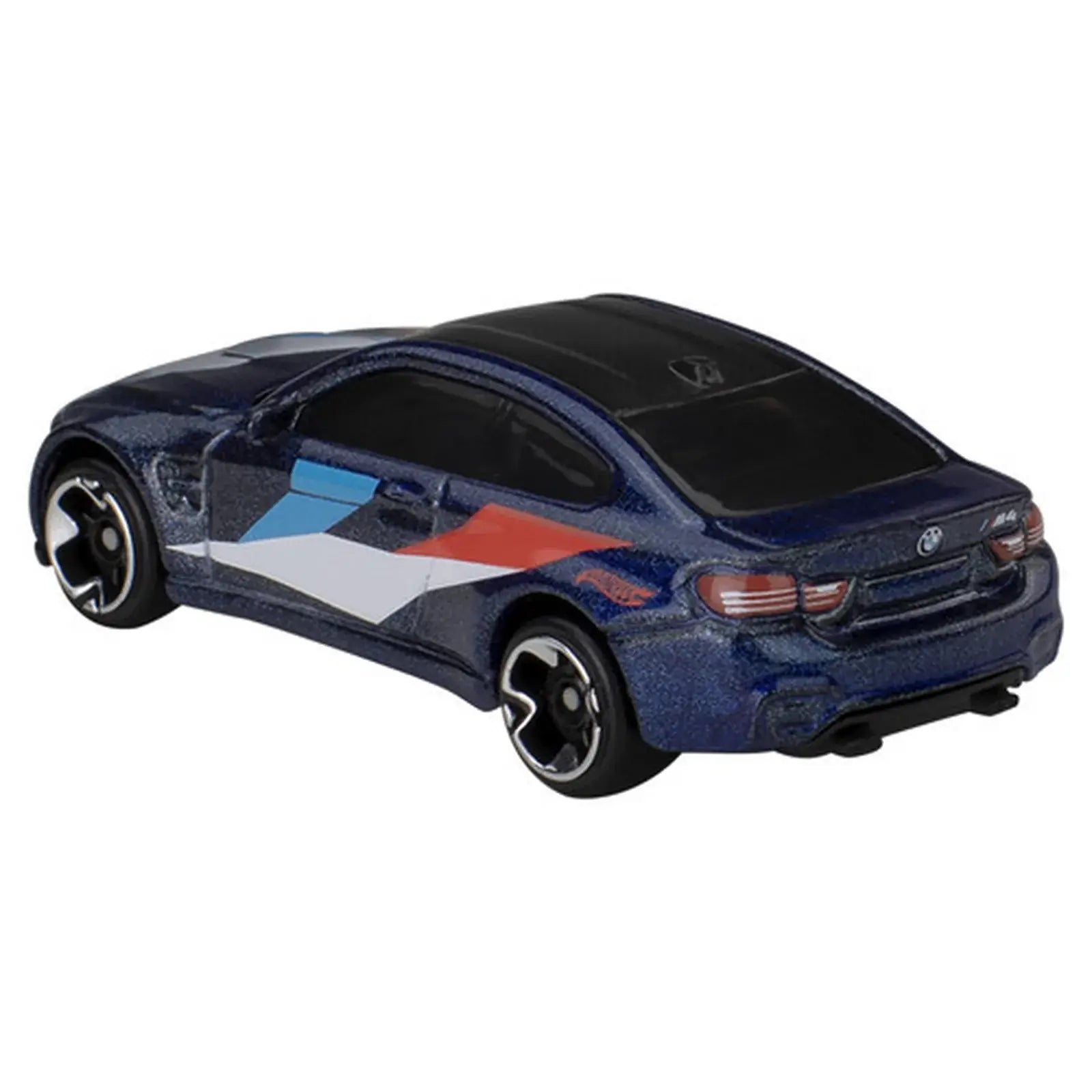 Hot Wheels 1:64 BMW M4 from the Celebrations Silver Series in metallic blue with M-stripe livery.