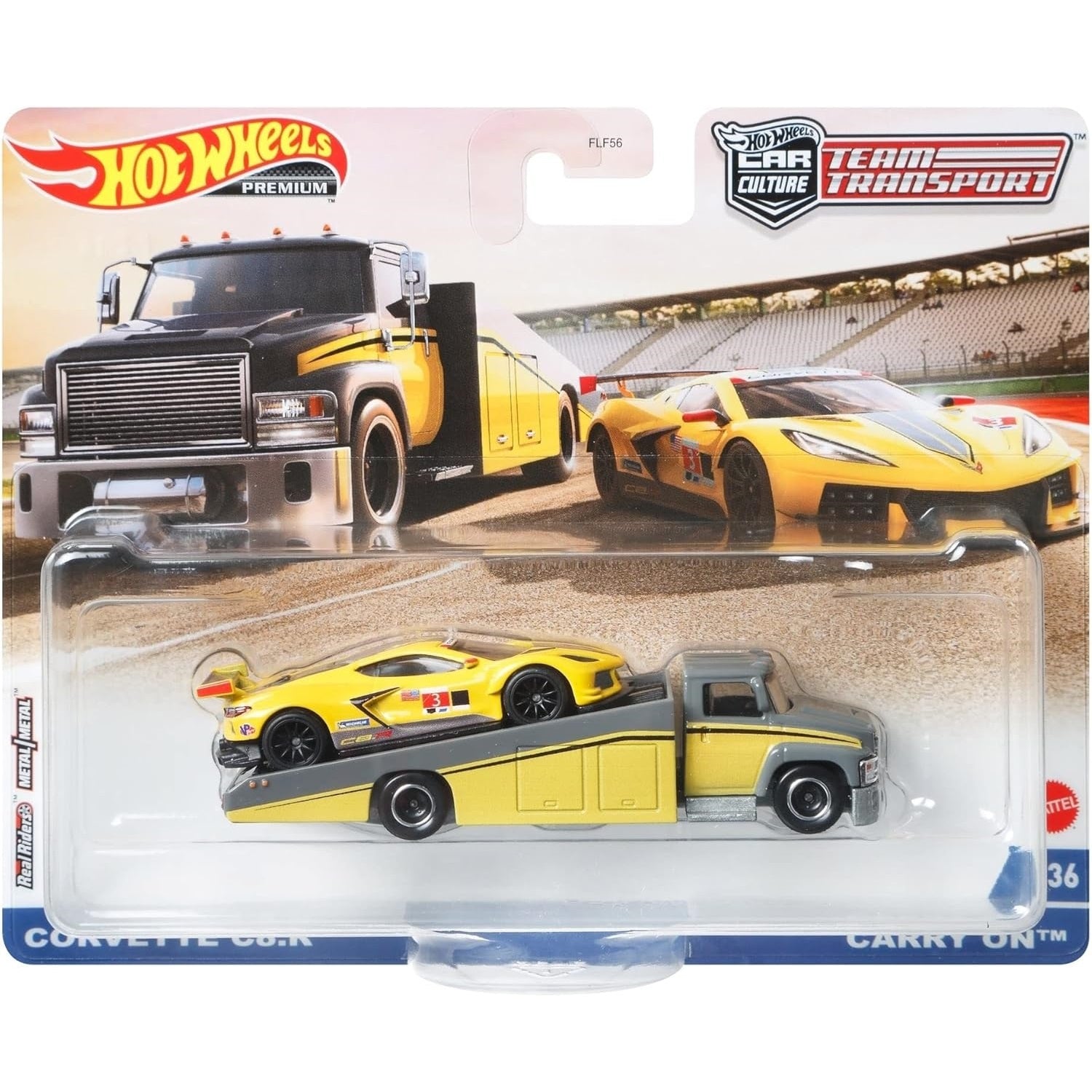 Hot Wheels 1:64 scale Team Transport #36 GRK67 FLF56 die-cast model of the Corvette C8.R and Carry On transport truck.
