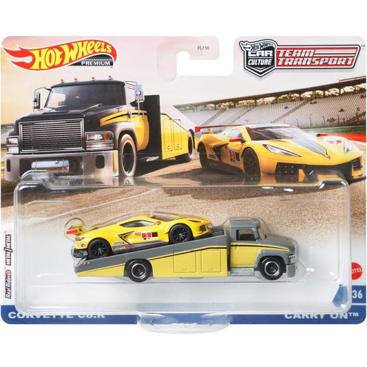 Hot Wheels 1:64 scale Team Transport #36 GRK67 FLF56 die-cast model of the Corvette C8.R and Carry On transport truck.
