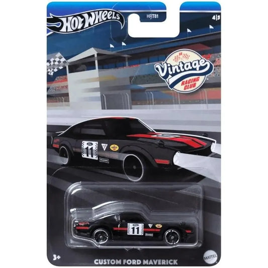 Hot Wheels Custom Ford Maverick in black with red stripes from Vintage Racing Club Silver Series