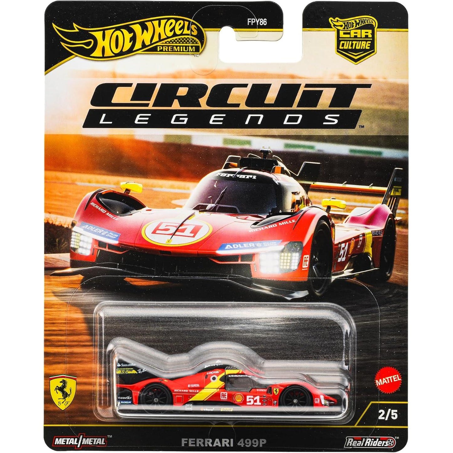 Hot Wheels 1:64 scale Ferrari 499P Circuit Legends 2024 die‑cast model with real riders wheels and detailed racing livery