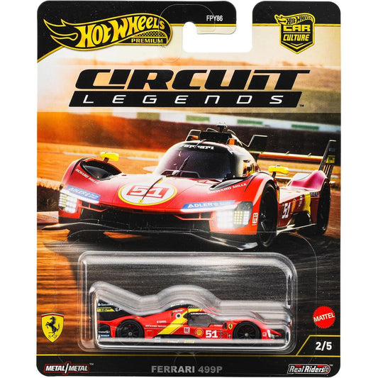 Hot Wheels 1:64 scale Ferrari 499P Circuit Legends 2024 die‑cast model with real riders wheels and detailed racing livery