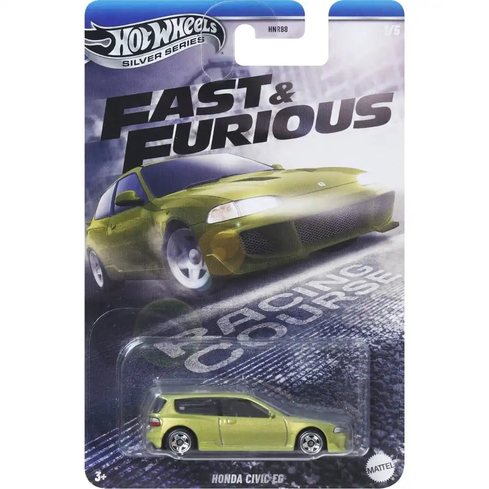 Hot Wheels 1:64 Honda Civic EG in metallic lime green from the Fast & Furious Silver Series Racing Course #1/5, model JBY39 HNR88.