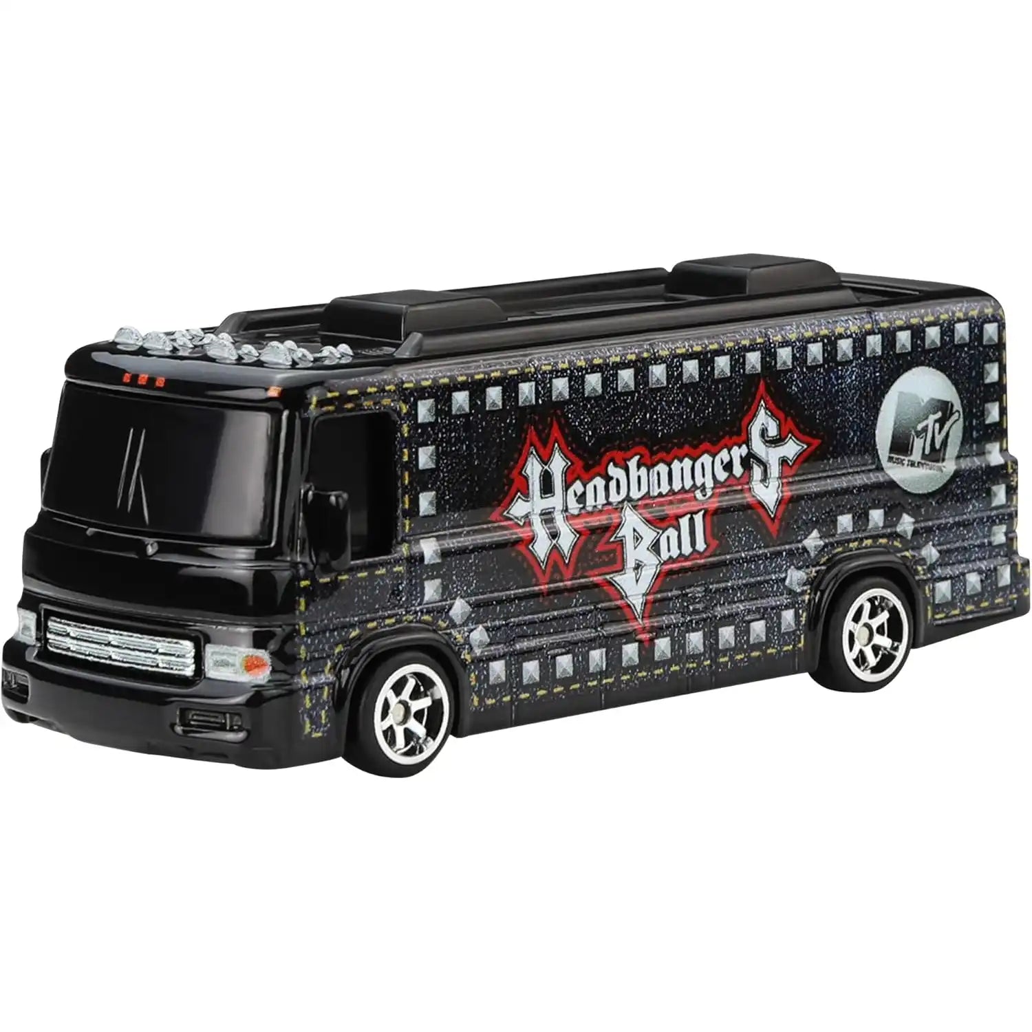 Hot Wheels Premium Pop Culture MTV Headbangers Ball HW Tour Bus die-cast model with denim graphics and metal body.
