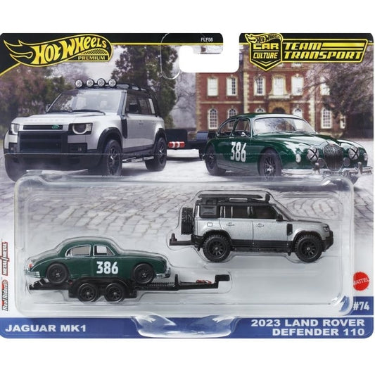 Hot Wheels 1:64 scale Team Transport #74 JBM29 FLF56 die-cast model of the Jaguar MK1 and 2023 Land Rover Defender with authentic race livery.