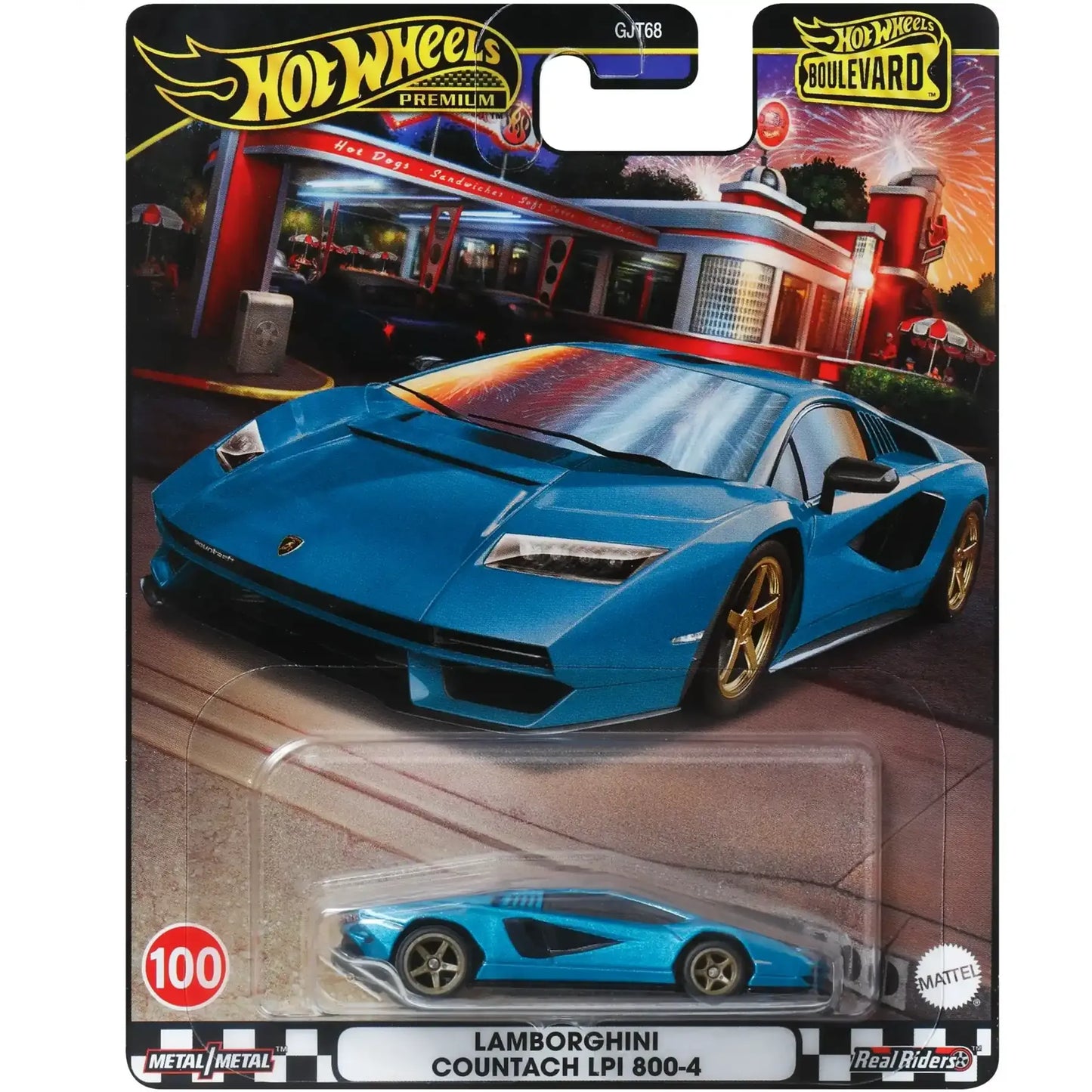 Hot Wheels 1:64 Lamborghini Countach LPI 800-4 in metallic blue with gold Real Riders wheels from Boulevard Series #100.