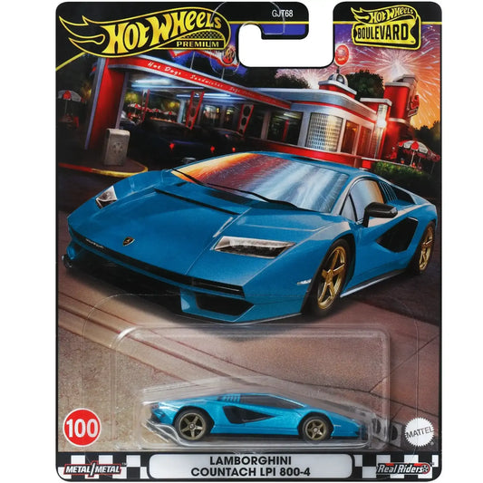 Hot Wheels 1:64 Lamborghini Countach LPI 800-4 in metallic blue with gold Real Riders wheels from Boulevard Series #100.