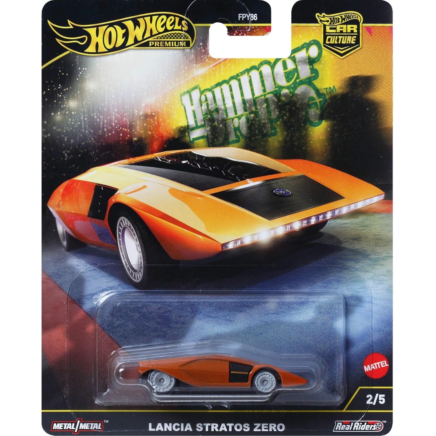 Hot Wheels 1:64 scale Hammer Drop die-cast model of the Lancia Stratos Zero with futuristic wedge design.
