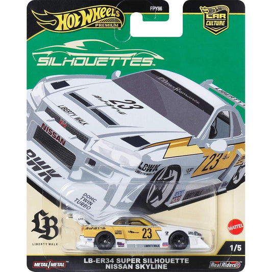 Hot Wheels 1:64 scale Car Culture Silhouettes die-cast model of the LB-ER34 Super Silhouette Nissan Skyline in Liberty Walk livery.