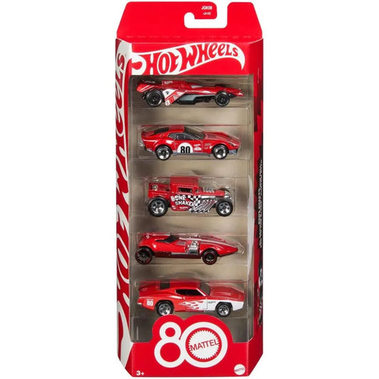 Hot Wheels 1:64 scale Mattel 80th Anniversary Ruby Red 5-Pack featuring Twin Mill, Bone Shaker, and more in collector packaging.