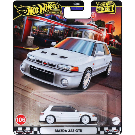 Hot Wheels Boulevard Premium 1:64 Mazda 323 GTR in white with Real Riders tires and ICY HOT license plate.