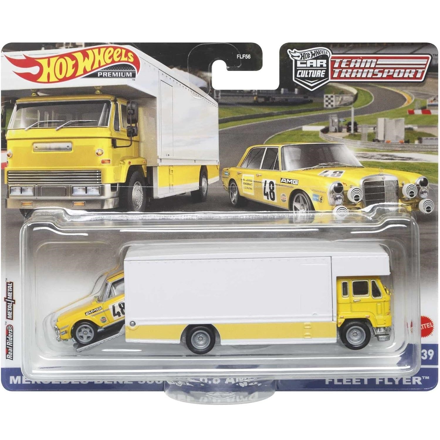 Hot Wheels 1:64 scale Team Transport #39 HCR32 FLF56 die-cast model of the Mercedes-Benz 300 SEL 6.8 AMG and Fleet Flyer transport truck with authentic race livery.