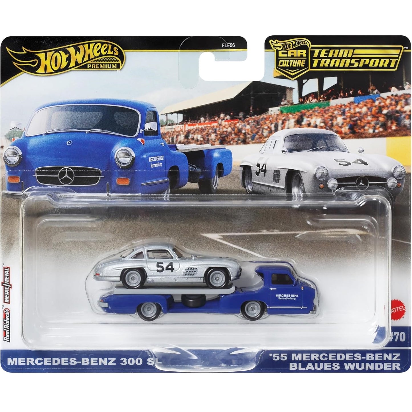 Hot Wheels 1:64 scale Team Transport #70 HRV48 FLF56 die-cast model of the Mercedes-Benz 300 SL and '55 Mercedes-Benz Blaues Wunder transport truck with authentic race livery.