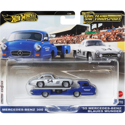 Hot Wheels 1:64 scale Team Transport #70 HRV48 FLF56 die-cast model of the Mercedes-Benz 300 SL and '55 Mercedes-Benz Blaues Wunder transport truck with authentic race livery.