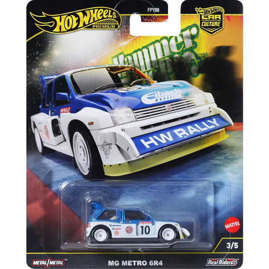 Hot Wheels 1:64 scale Premium Hammer Drop Series HRW09 die-cast model of the MG Metro 6R4 rally car with authentic race livery