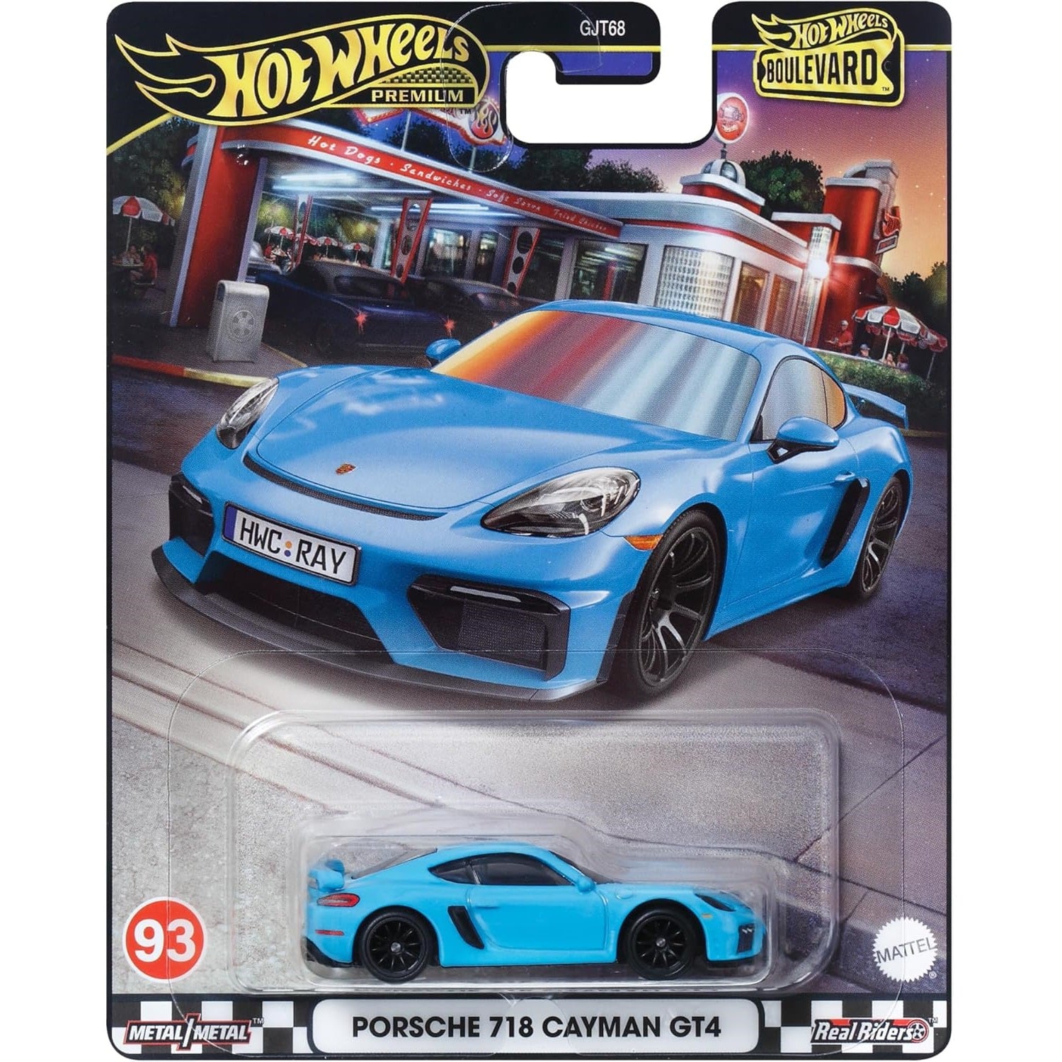 Hot Wheels 1:64 scale Boulevard Series Porsche 718 Cayman GT4 die-cast car with premium Real Riders wheels and Metal/Metal build.
