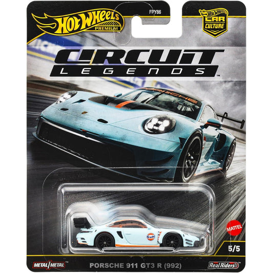 Hot Wheels 1:64 Porsche 911 GT3 R (992) Circuit Legends JBK65 die‑cast model with Real Riders wheels and detailed GT3 racing livery