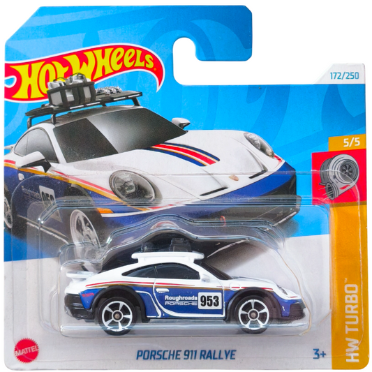 Hot Wheels 1:64 scale die-cast Porsche 911 Rallye from the 2024 HW Turbo series, number 172 of 250.