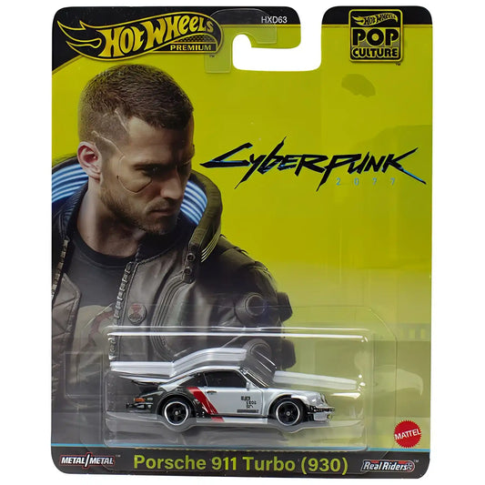 Hot Wheels 1:64 Pop Culture Cyberpunk 2077 Porsche 911 Turbo (930) die-cast model with Real Riders and Metal/Metal design.