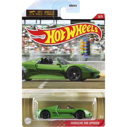 Hot Wheels Porsche 918 Spyder in green from 1/4 Mile Finals Silver Series with drag racing theme