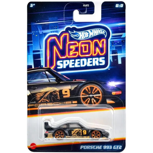 Hot Wheels 1:64 Porsche 993 GT2 in black with orange horse graphics and neon wheels from Neon Speeders series.