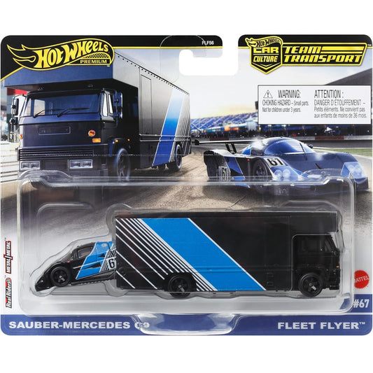 Hot Wheels 1:64 scale Team Transport #67 HRV41 FLF56 die-cast model of the Sauber-Mercedes C9 and Fleet Flyer transport truck with authentic race livery.