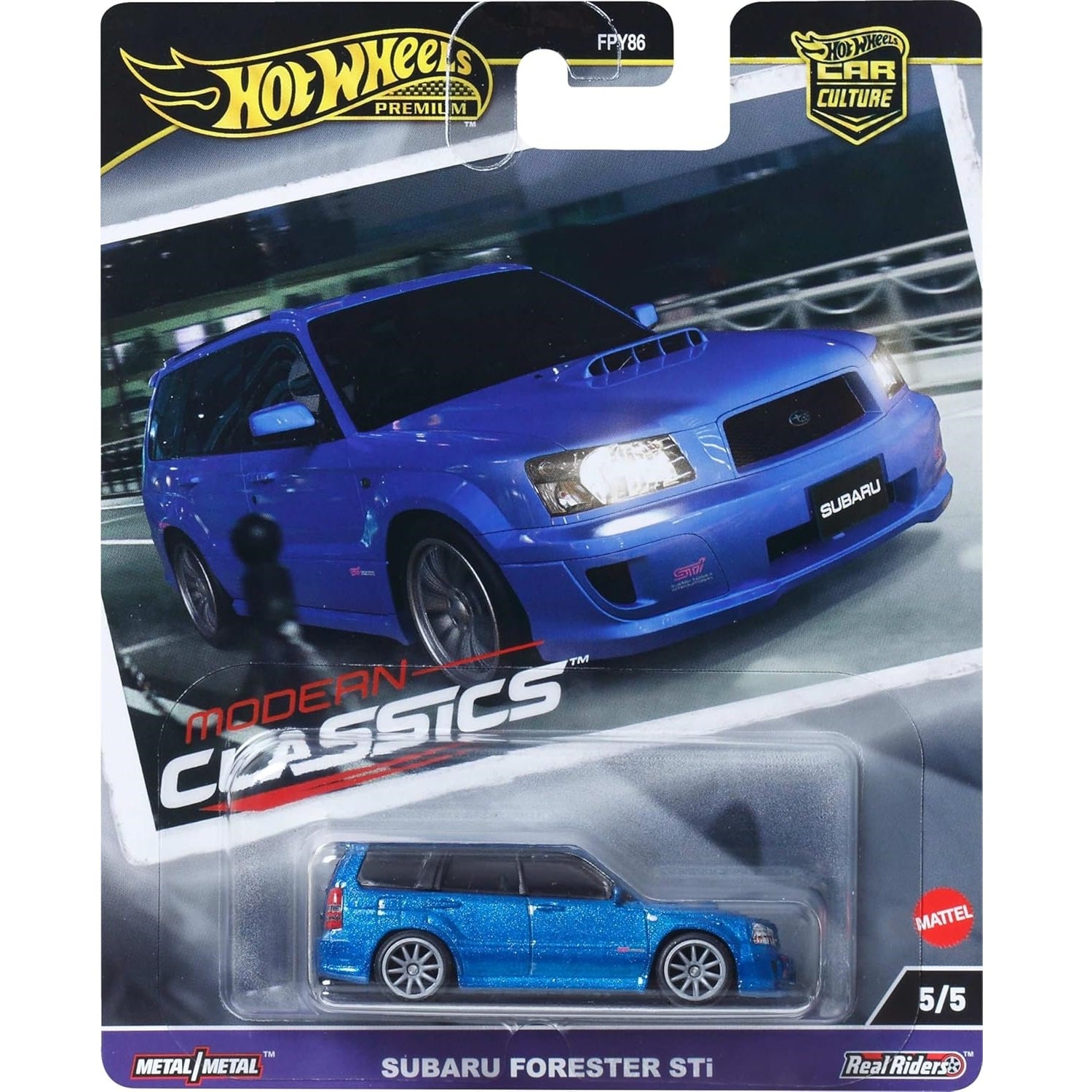 Hot Wheels 1:64 scale Car Culture Modern Classics Subaru Forester STi die-cast model with Real Riders and premium detailing.