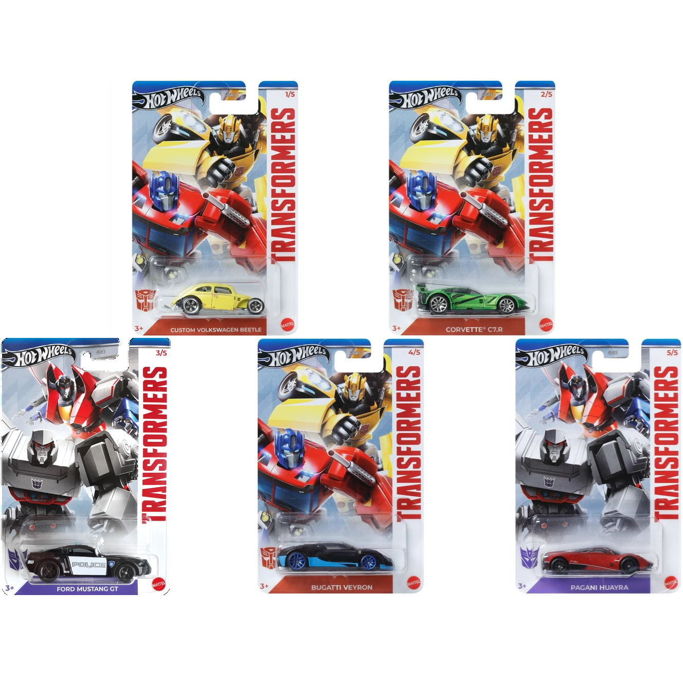 Hot Wheels 1:64 Transformers Silver Series 5-Car Set featuring Custom Volkswagen Beetle, Corvette C7.R, Ford Mustang GT, Bugatti Veyron, and Pagani Huayra.