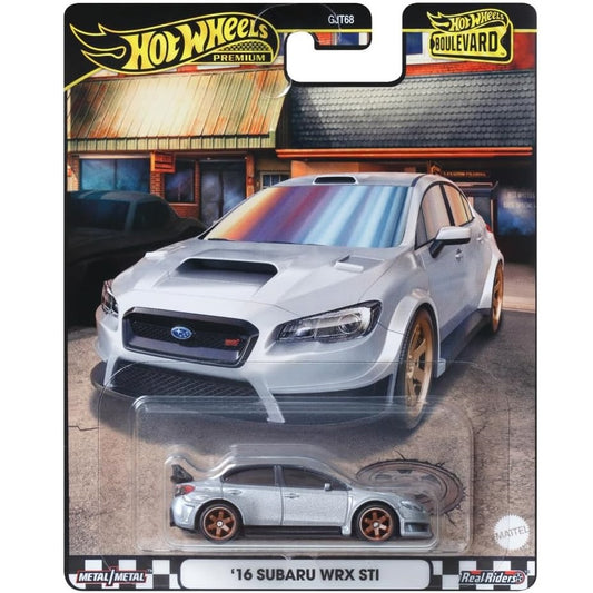 Hot Wheels '16 Subaru WRX STI die-cast car from the Premium Boulevard series in 1/64 scale with no number designation.