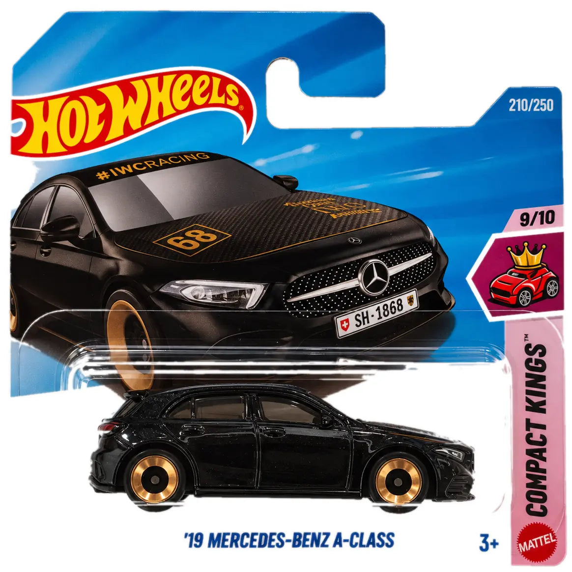 Hot Wheels 2019 Mercedes-Benz A-Class black 1:64 die-cast model with gold wheels, Compact Kings 210/250 JJK44.