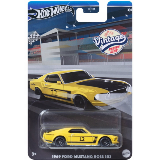Hot Wheels 1969 Ford Mustang Boss 302 in red with racing stripes, part of the Vintage Racing Club series, 3/5 HRT81