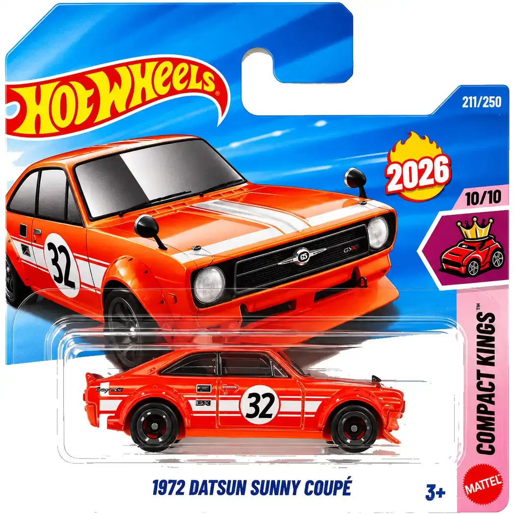 Hot Wheels 1972 Datsun Sunny Coupé orange 1:64 die-cast with white racing stripes and #32 graphics, Compact Kings 211/250 JJH66.
