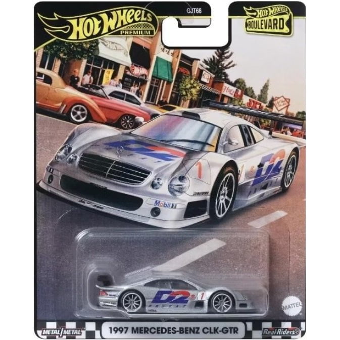 Hot Wheels 1997 Mercedes-Benz CLK-GTR die-cast car from the Premium Boulevard series in 1/64 scale with no number designation.