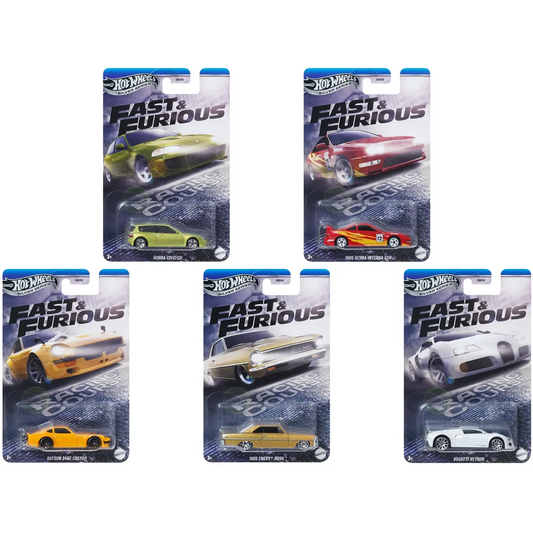 Hot Wheels 2025 Fast & Furious (Silver) / Racing Course 5-car set with Civic EG, Integra GSR, 240Z, Chevy Nova, and Bugatti Veyron.