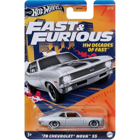 Hot Wheels 1:64 '70 Chevrolet Nova SS die-cast model from the Fast & Furious HW Decades of Fast series with premium detailing.