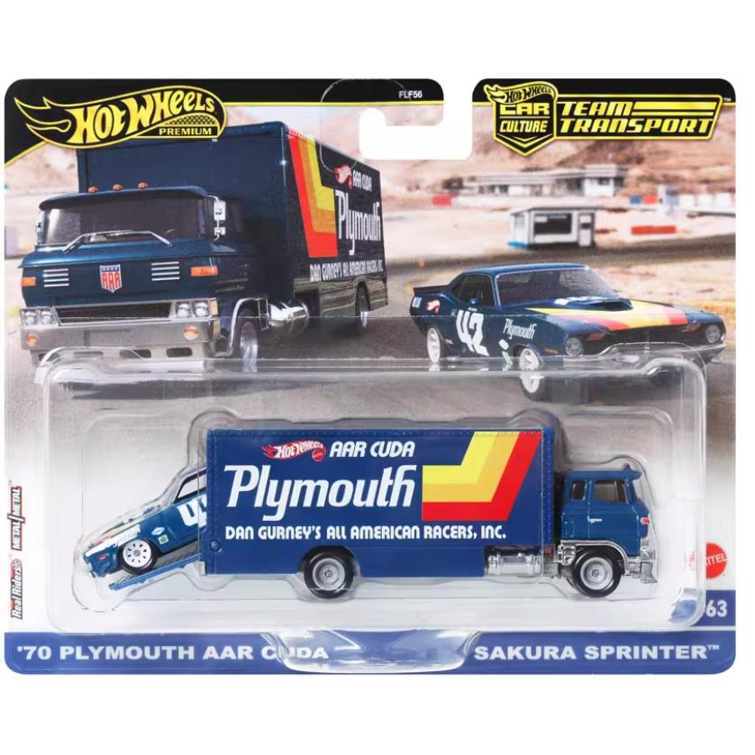 Hot Wheels Team Transport die-cast set featuring '70 Plymouth AAR Cuda and Sakura Sprinter hauler with muscle car livery.