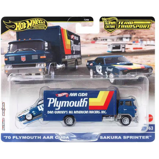 Hot Wheels Team Transport die-cast set featuring '70 Plymouth AAR Cuda and Sakura Sprinter hauler with muscle car livery.