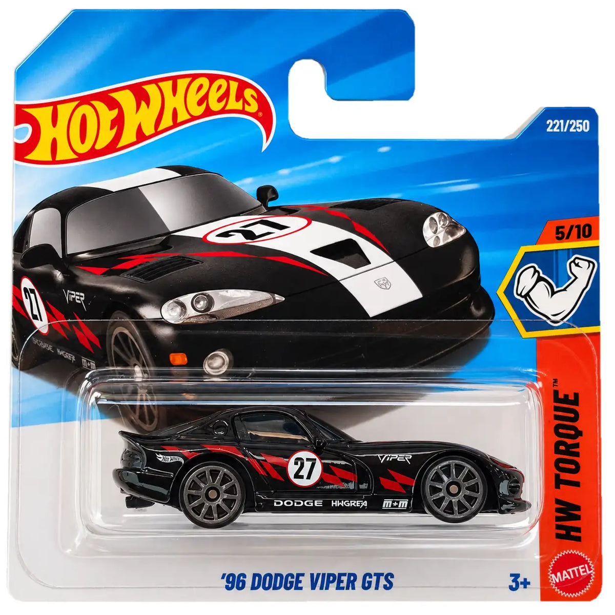 Hot Wheels 1:64 '96 Dodge Viper GTS black with red racing graphics, HW Torque 2026, JJK50, short card.