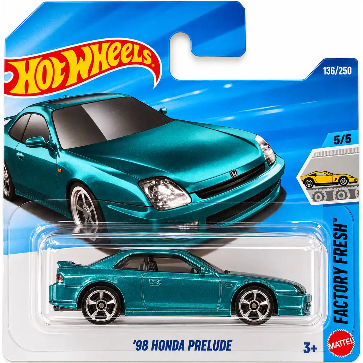 Hot Wheels 1:64 '98 Honda Prelude metallic teal, 2026 Factory Fresh 5/5, collector number 136/250, JJL15 short card.