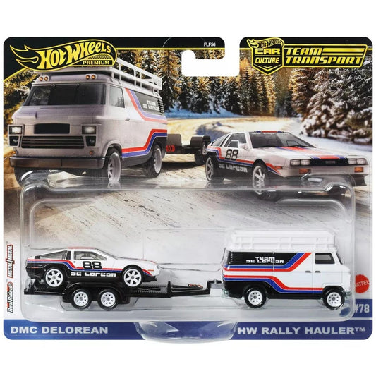 Hot Wheels Team Transport die-cast set featuring the DMC DeLorean and HW Rally Hauler with premium details.
