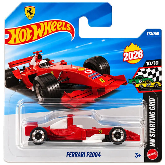 Hot Wheels Ferrari F2004 red Formula 1 racing car, 2026 HW Starting Grid 10/10, collector number 173/250, JJH51 short card.