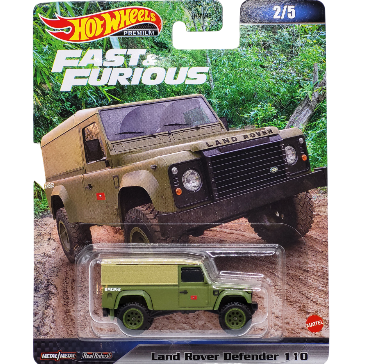 Hot Wheels Land Rover Defender 110 in matte green with rugged off-road details, part of the Premium Fast & Furious series, case HNW46 979D