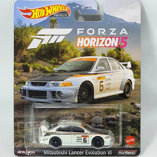 Hot Wheels Mitsubishi Lancer Evolution VI in rally livery with detailed accents, part of the Premium Forza Horizon 5 series