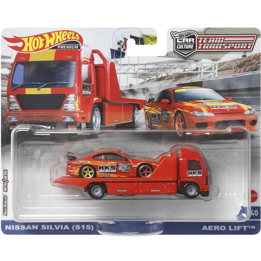 Hot Wheels Nissan Silvia (S15) & Aero Lift die-cast model from the Team Transport series in 1/64 scale – FLF56.