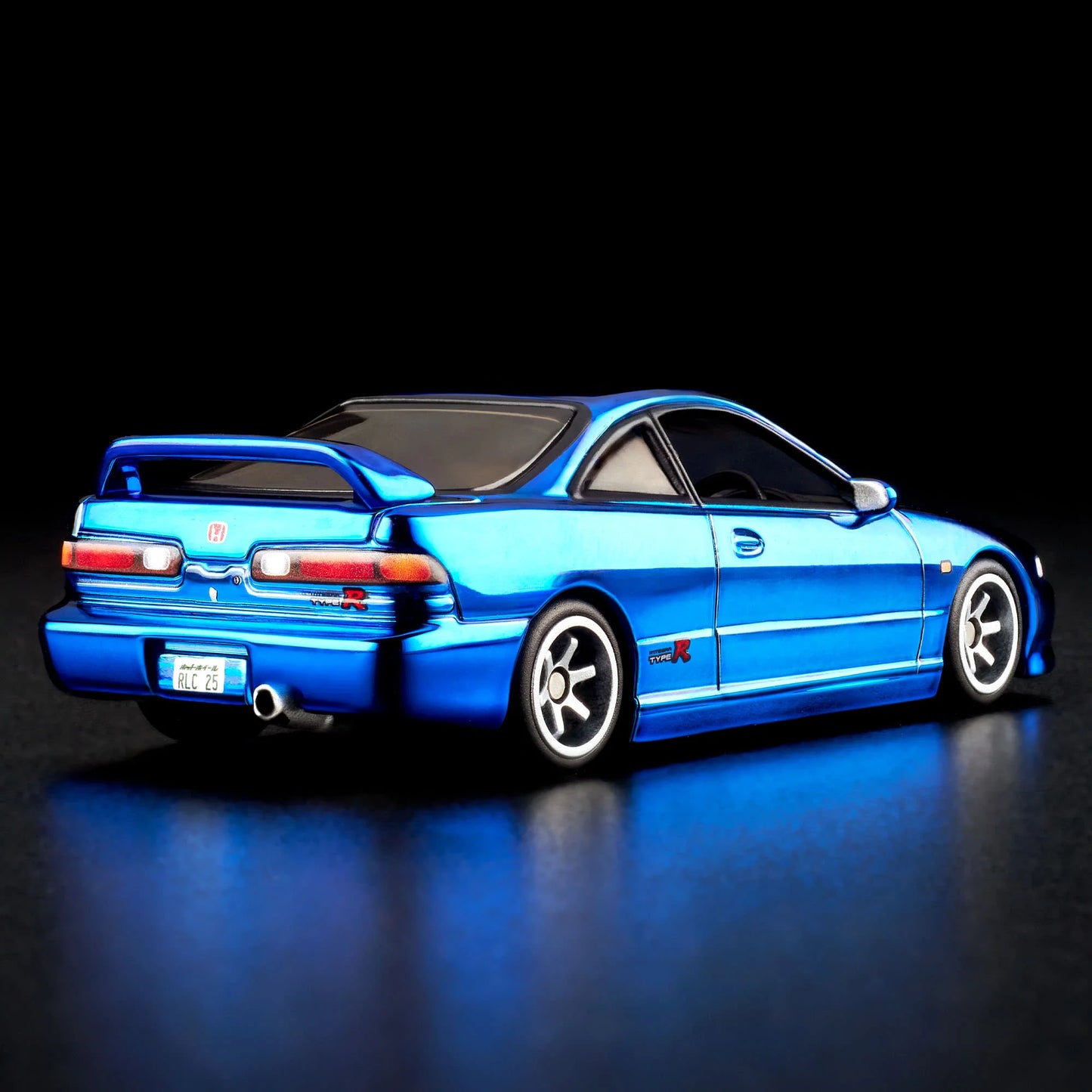 1:64 scale Hot Wheels RLC Exclusive 1995 Honda Integra Type R in Spectraflame OTTO Blue with hood open, showing detailed engine bay and Real Riders wheels. Includes RLC patch and button.