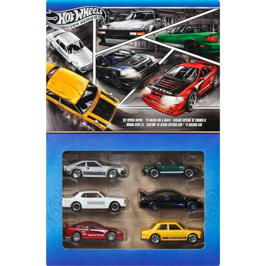 Hot Wheels Silver Series 6-Car Set JBY77 – Includes '82 Toyota Supra, '91 Mazda MX-5 Miata, Nissan Skyline HT 2000GT-X, Honda Civic Si, Custom '01 Acura Integra GSR, and '71 Datsun 510.

