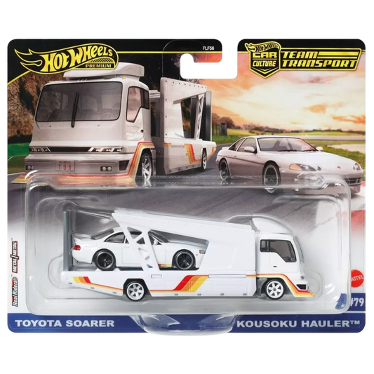 Hot Wheels Team Transport die-cast set featuring the Toyota Soarer and Kousoku Hauler with premium Real Riders and Metal/Metal construction.