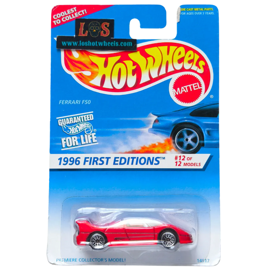 Hot Wheels Ferrari F50 die-cast model from the 1996 First Editions series in red, #12 of 12 models, displayed in original “Guaranteed for Life” collector packaging.