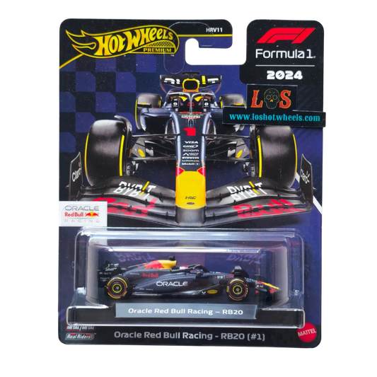 Hot Wheels Premium die-cast model of the 2024 Oracle Red Bull Racing RB20 driven by Max Verstappen, featuring Real Riders wheels and detailed livery in original packaging.